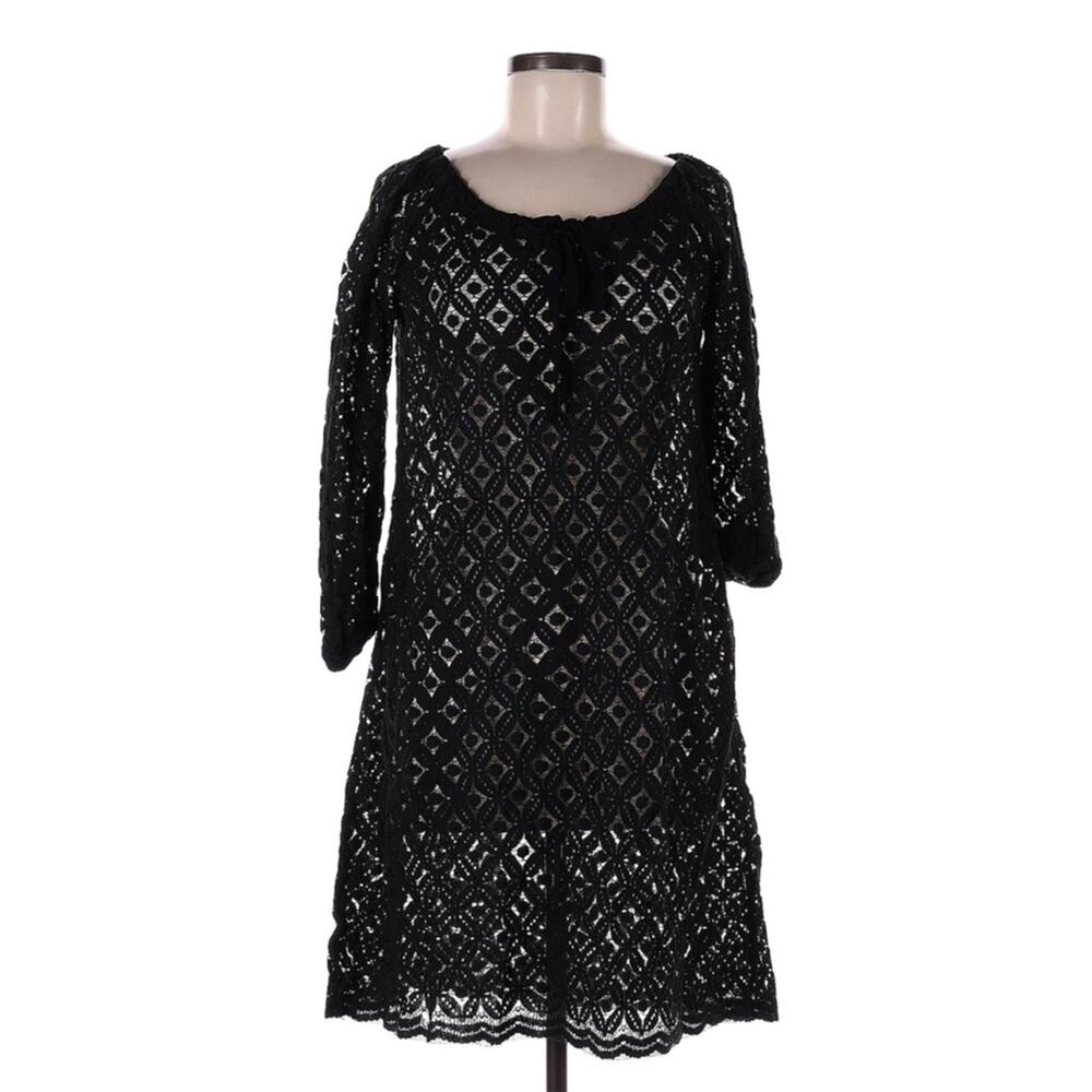 Garnet Hill Black Lace Dress Crochet Overlay Lined 3/4 Sleeve Boho Size 6